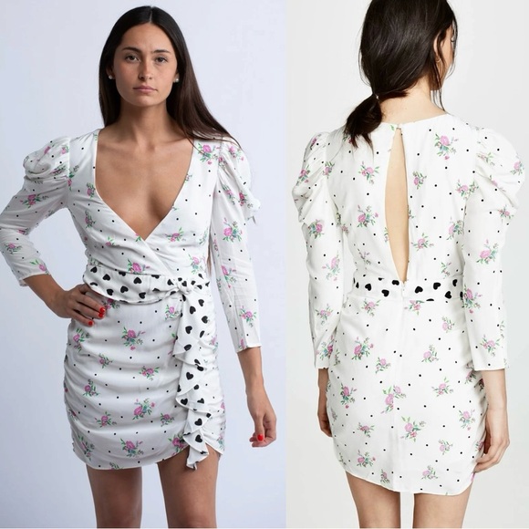FOR LOVE LEMONS Floral Puff Sleeve Ruched Heart Ruffle Belt Faux Wrap Dress XS - Picture 12 of 16
